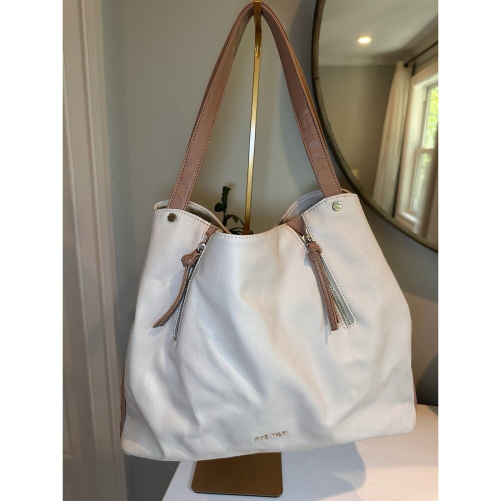 Nine West White Nude Colorblock Slouchy Hobo Shoulder Bag Dual Zip Pocket Y2K